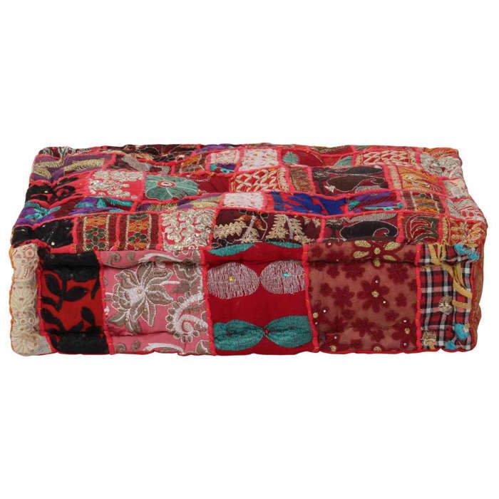 Pouf carré en coton - vidaXL - 50x50x12 cm - Rouge - Patchwork - Broderies exquises - Aspect vintage - Fait à la main