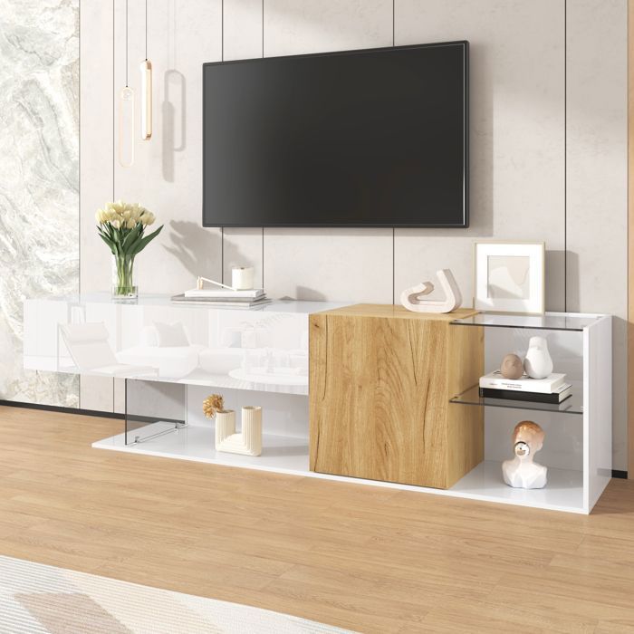 Meuble TV 180×38×48 cm en panneau de particules blanc laqué et bois naturel — avec portes et étagères en verre style moderne