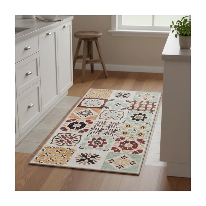Tapis descente de lit 80 x 150 cm multicolore beige vert motif géométrique hydrophuge idéal pour chambre