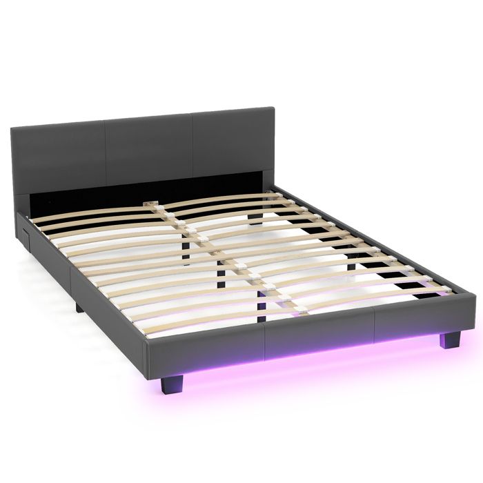 GIANTEX Cadre de Lit Double Rembourré Lumineuses LED Tête et Pied de Lit en Bois Massif Pas Besoin de Sommier 210x145x65cm Gris