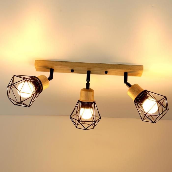 iDEGU Plafonnier 3 Spots Industriel Plafonnier Spot Vintage en Bois et Métal Abat-jour Design Cage avec Base Rectangulaire en Bois