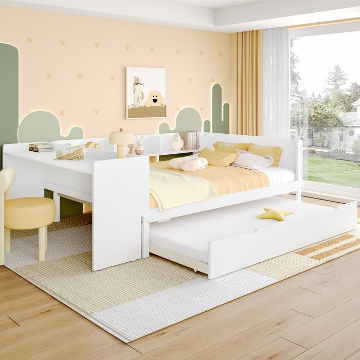 Lit double avec bureau intégré - Lit gigogne 90x190 cm - Dimensions 140x200 cm - Blanc - Pin massif