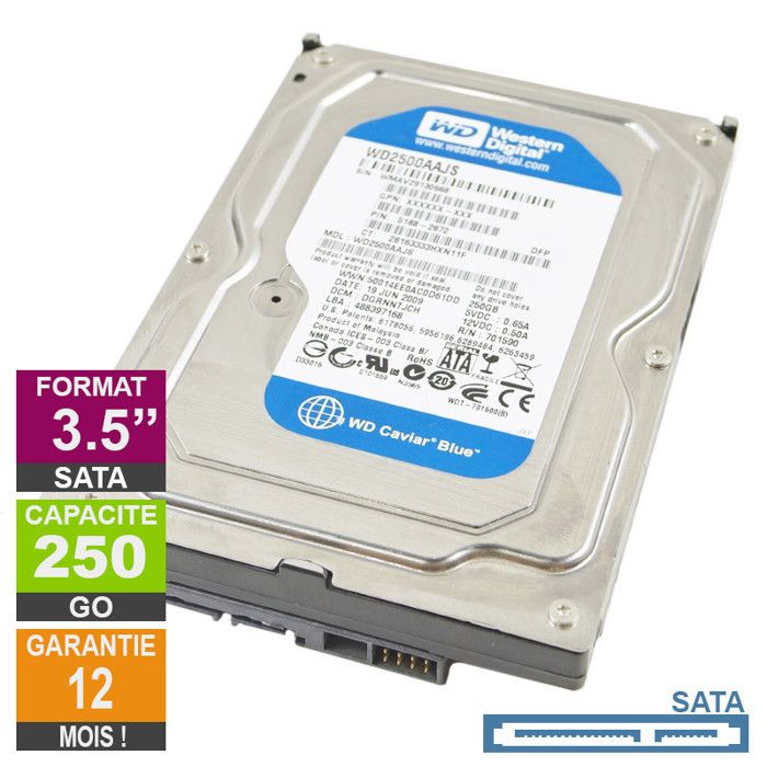 Disque Dur 250Go SATA 3.5 Western Digital Caviar WD2500AAJS 60M0A0 7200rpm 8Mo - vue 2