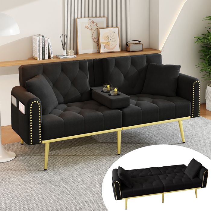 Canapé-lit double escamotable avec fonction couchage 3 positions inclinables porte-gobelets tissu noir