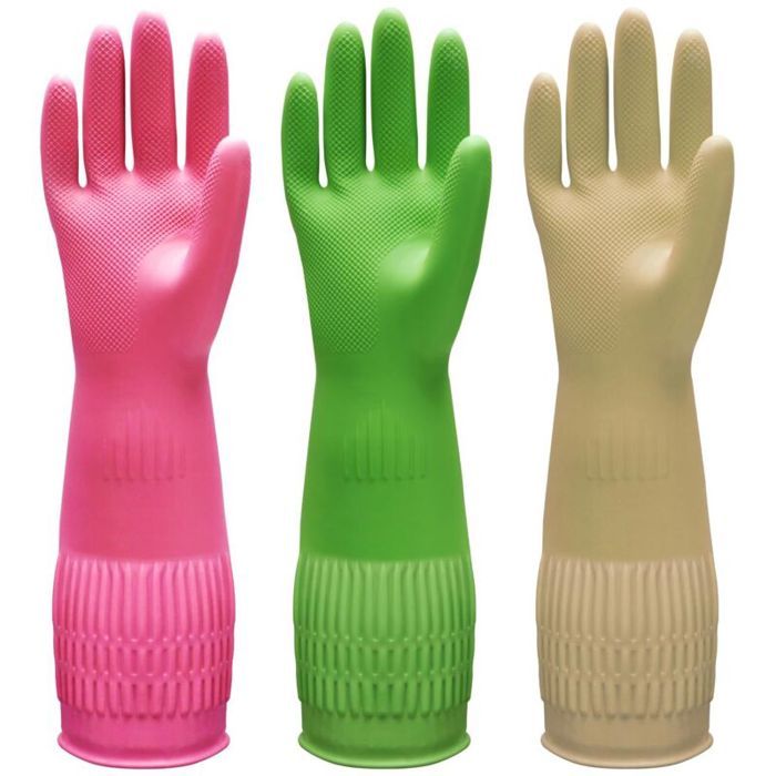 3 paires de gants de vaisselle en caoutchouc pour le nettoyage de la cuisine et de la maison : rouge + jaune + vert