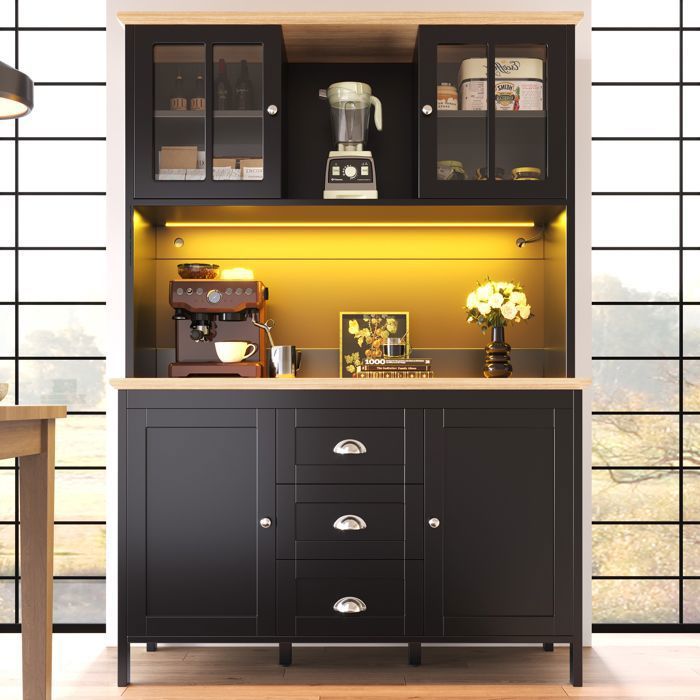 Buffet haut noir 120 x 40 x 179 cm avec LED 4 portes 3 tiroirs montage nécessaire