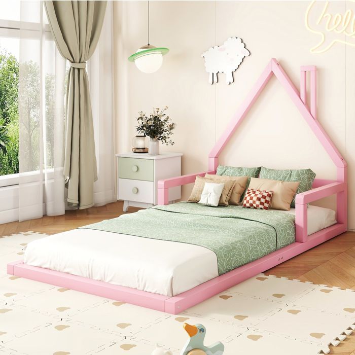 ULEVR lit enfant cabane 90 x 200 cm rose en bois et MDF avec sommier à lattes