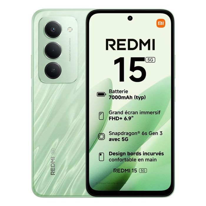 Smartphone Xiaomi Redmi 15 5G 4Go Ram 128Go Vert Écran 6.9 FHD+ 144 Hz Snapdragon® 6s Gen 3 7000mAh