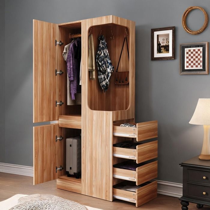 Armoire 1 porte 4 tiroirs penderie ouverte bois ton naturel 70 x 40 x 170 cm