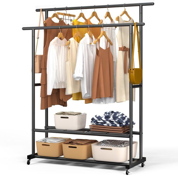 VOUNOT® Portant à vêtements double tringle avec roulettes et 2 étagères de rangement - 121x40x147cm - Noir VOUNOT® Portant à vêtements double tringle avec roulettes et 2 étagères de rangement - 121x40x147cm - Noir