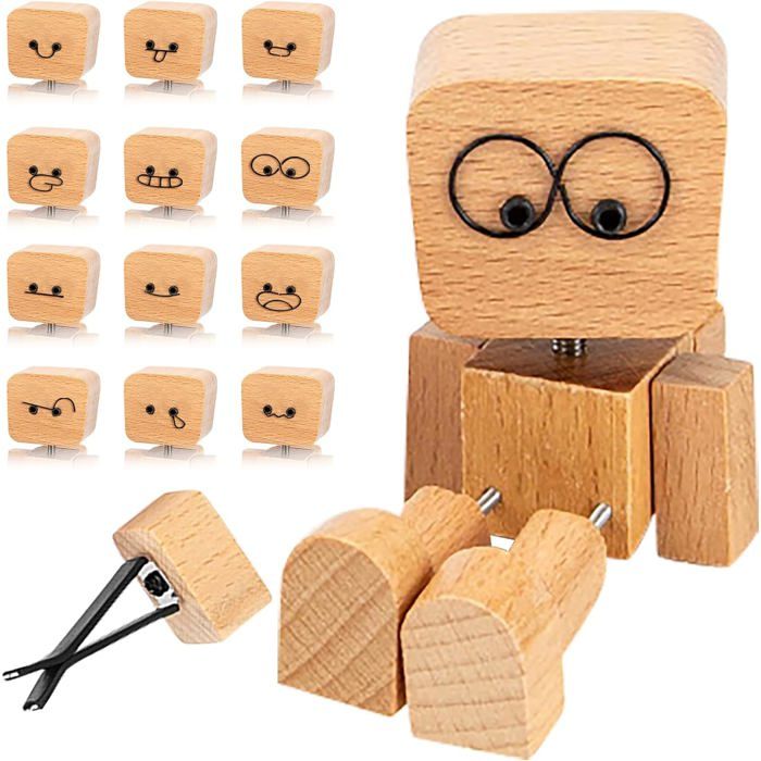 Charmante Petite Figurine en Bois Figurine dhomme en Bois à tête oscillante avec Pieds Mobiles et 12 Expressions magnétiques