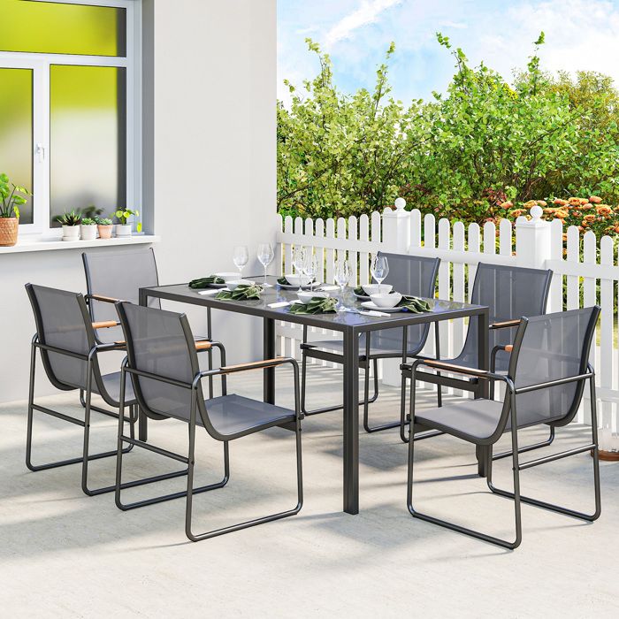 Salon de jardin gris table en verre trempé et 6 chaises respirantes pour terrasse et patio