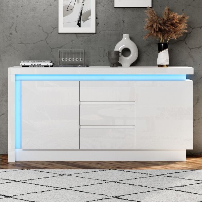 Buffet bas meuble rangement 140x35x72 cm 2 portes 3 tiroirs LED blanc brillant en panneaux de particules ORVRYN