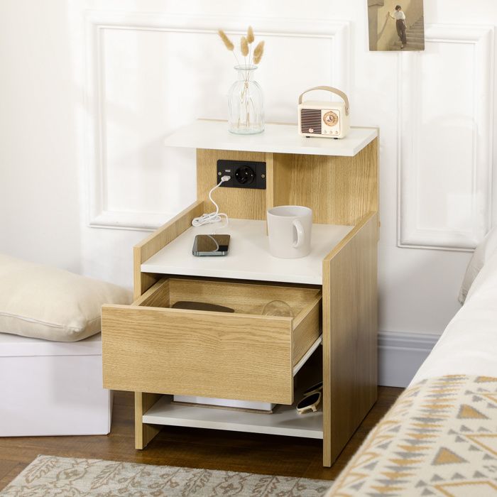 Table de chevet - 40×40×60 cm - Ports USB et prise intégrée - 1 tiroir + étagère ouverte - Aspect bois/blanc