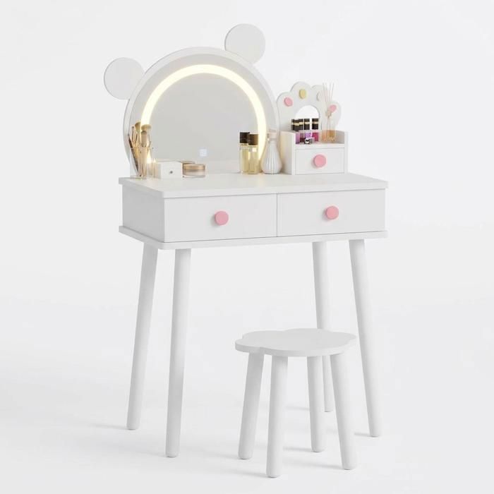 GARVEE Table de maquillage enfant en bois - Miroir LED ours tiroirs spacieux tabouret fleur -55 x 38 x 101 cm- blanc