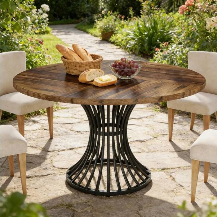 Table à manger ronde 119 cm en MDF et métal piètement sablier noir brun rustique 6 personnes table seule