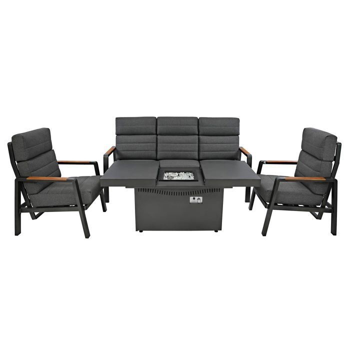Salon de Jardin Aluminium Gris 5 Places Canapé Fauteuils Inclinables Brasero