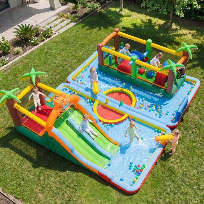 Château Gonflable XXL COSTWAY avec 2 Canons à Eau Parc Aquatique Piscine Jeu: Anneaux Basket But de Foot Sac Inclus