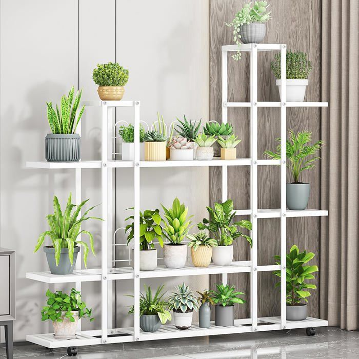 JOLLYTOP Support Plante dAngle Métal - Étagère à Fleurs avec Roues Blocables - Porte-Plantes Salon/Balcon/Garage - Blanc