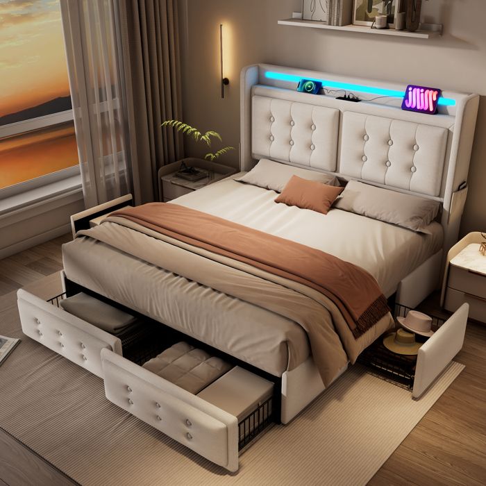 ULEVR lit rembourré 180x200 cm beige avec tête de lit LED USB-C et USB 4 tiroirs sommier inclus