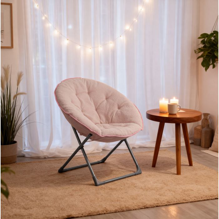 Fauteuil Lune Pliant Rembourré Doux pour Relaxation Intérieur Extérieur en Tissu et Métal Rose 53 × 58 × 85 cm