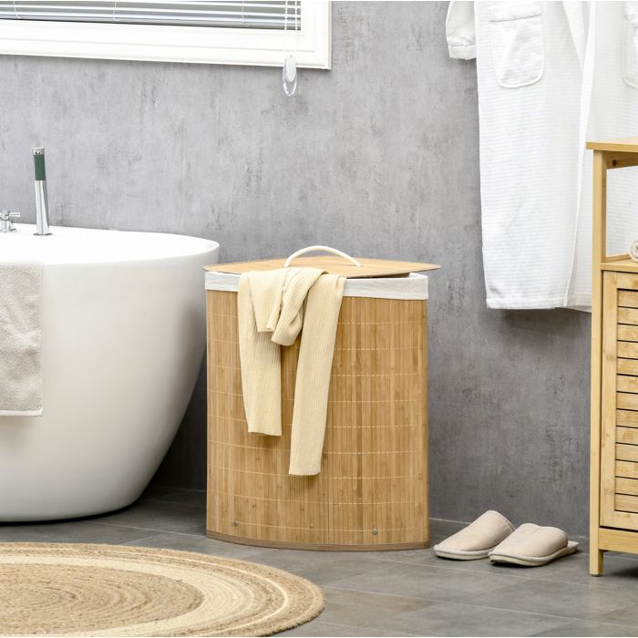 Panier à linge d’angle en bambou 55 L avec couvercle et sac amovible 38 x 38 x 57 cm blanc et bois