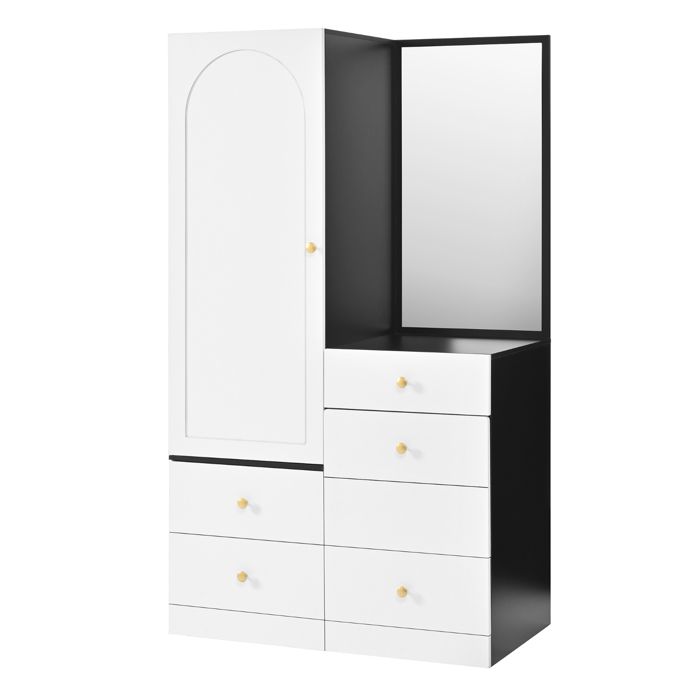 Armoire multifonctionnelle avec tabouret escamotable miroir tiroirs à cosmétiques compartimentés et placards de rangement.