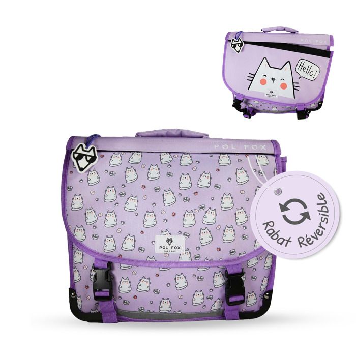 POL FOX HELLO – Cartable fille réversible 38 cm – 2 compartiments – Primaire – Violet – Motif chat POL FOX HELLO – Cartable fille réversible 38 cm – 2 compartiments – Primaire – Violet – Motif chat
