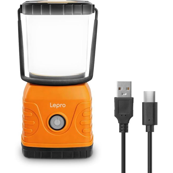 Lampe Camping Rechargeable 1300lm 4 Modes Dimmable IPX4 Etanche Écirage 360° Recharge USB Batterie de 1 Orange