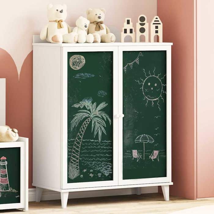 Blanc Cabinet avec deux portes et façade en tableau noir ROROS Blanc - Meuble Rangement LV32462