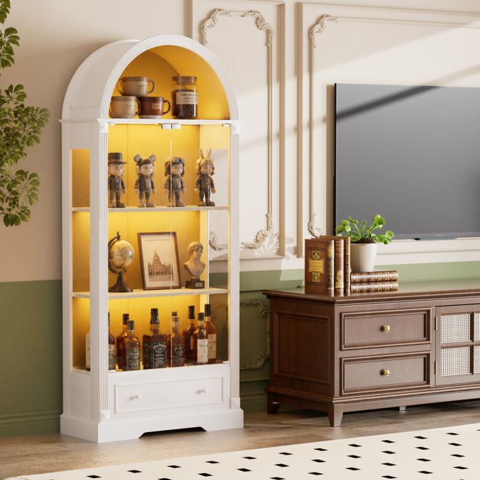 Vitrine dexposition en arc blanc 166cm armoire décorative avec LED 3 couleurs à détection de mouvement