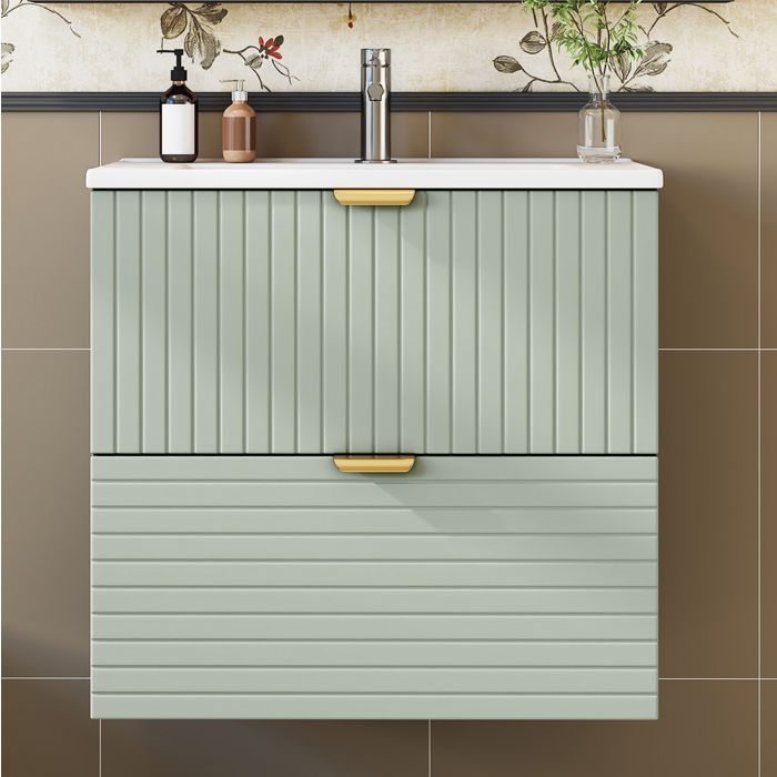 Meuble Sous Vasque 2 Tiroirs MDF Laqué Vert Menthe Meuble Vasque Intégré FloraGrace Pour Salle De Bain A Monter 61x46x57cm