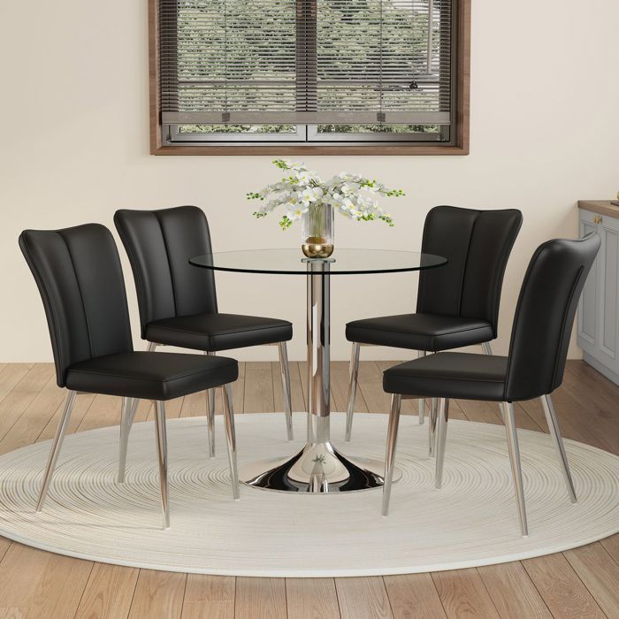 Table et Chaises de Salle à Manger 85 cm 4 Chaises Plateau en verre de sécurité Chaises PU noires pieds argentés Design minimaliste