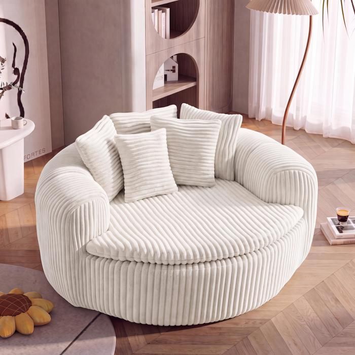 Fauteuil 1 place - 145x133x59cm - Canapé Rond Lounge Velours Côtelé avec 5 Coussins Ressorts Ensachés Sans Montage - Beige