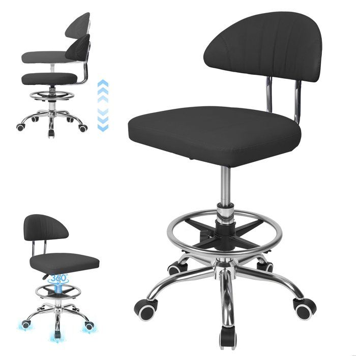 Tabouret de Bureau Pivotante – Hauteur Réglable – Dossier + Repose-pieds – Roulettes – Charge 100 kg – Noir