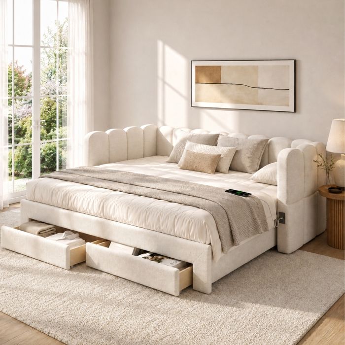 Lit Banquette rembourré extensible 90x200 à 180x200 cm 2 Tiroirs USB et USB-C Sommier à Lattes Tissu en Lin Beige