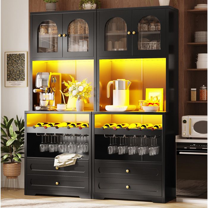COVREO Lot de 2 meubles colonne de cuisine MDF noir 140 x 40 x 180 cm portes vitrées cintrées LED tiroirs