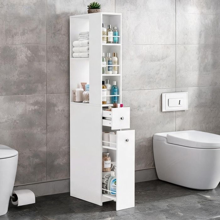 Meuble colonne de salle de bain 40 x 18 x 135 cm en MDF avec 2 tiroirs 2 étagères et 3 - Bianco MDF 40 x 18 x 135 cm Ref I4E2L9