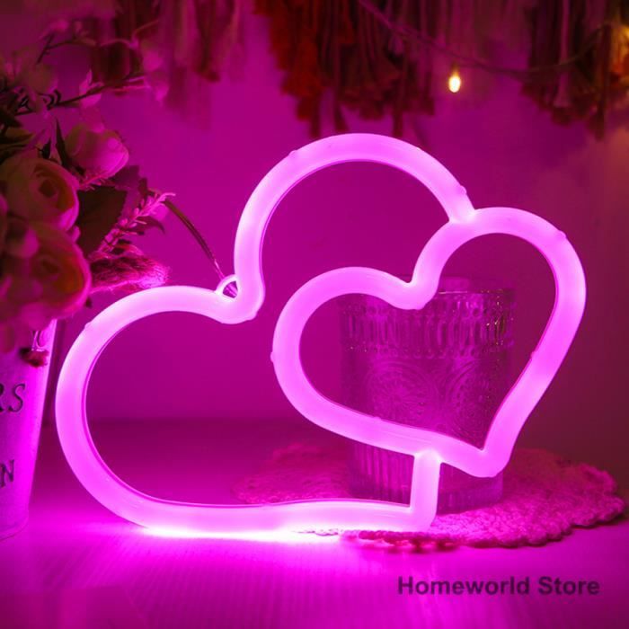 Rose - Lampe LED en forme de Double cœur, néon, signe'amour cœur à cœur,  lampe pour Couples amoureux, décorat