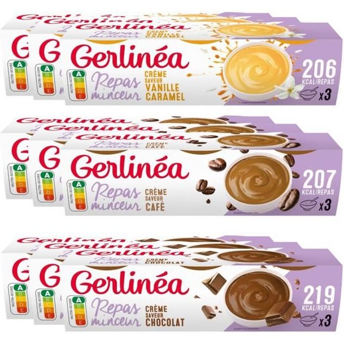 Gerlinéa - Lot de 27 Coupelles Repas Minceur - Substituts de Repas Complets et Rapides - Saveurs: Café, Chocolat, Vanille-Caramel