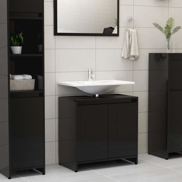 Armoire De Toilette Meuble Colonne Salle De Bain Noir Brillant 60x33x58 Cm Agglomere Cdiscount Maison