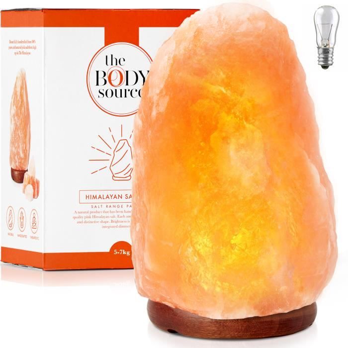 Lampe en Cristal de Sel de lHimalaya - The Body Source - Naturelle - 5-7kg - Base en Bois - Interrupteur