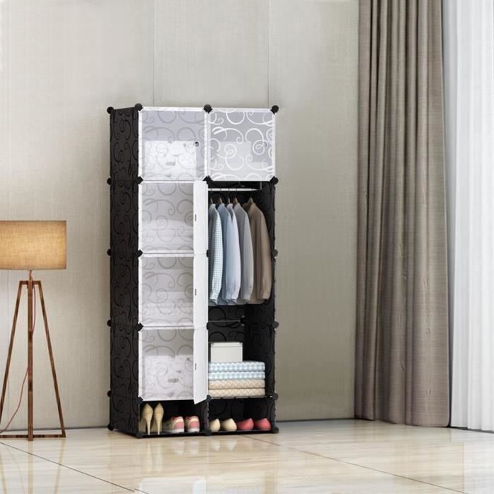 Armoire Penderie - HUAIMEIPIN - 8 cubes + 2 Armoires à chaussures - Noir - Plastique - H 167 x L 76 x P 37 cm