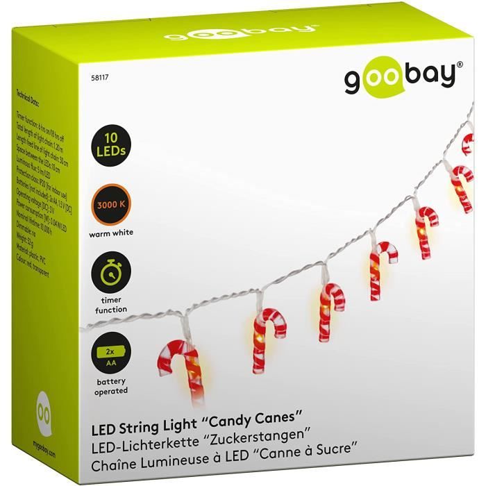 blanc rouge éclairage blanc chaud éclairage de Noël avec bâtonnets de sucre d/'orge Goobay 58117 Guirlande lumineuse à 10 LED en sucre d/'orge fonction minuteur