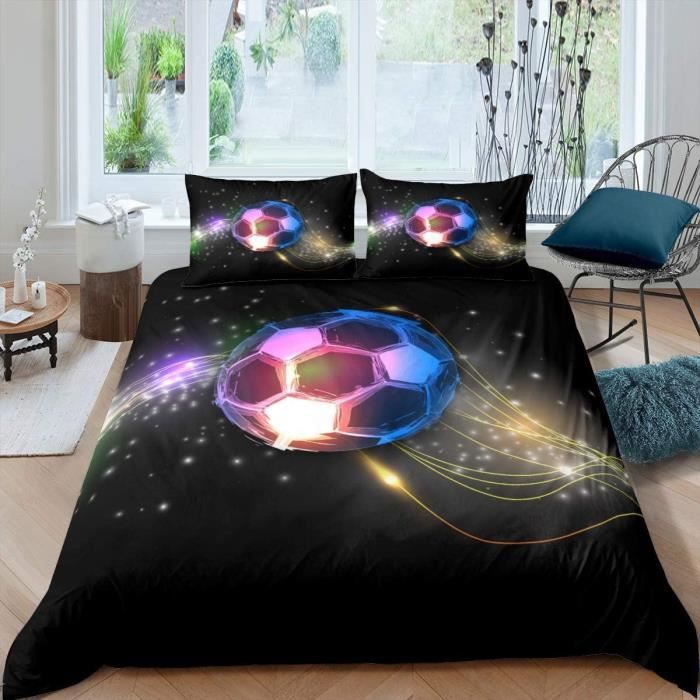 Housse De Couette Imprimée Football 220x240 Cm + 2 Taies – Microfibre Douce, Fermeture Zippée – Parure De Lit Sport Violet