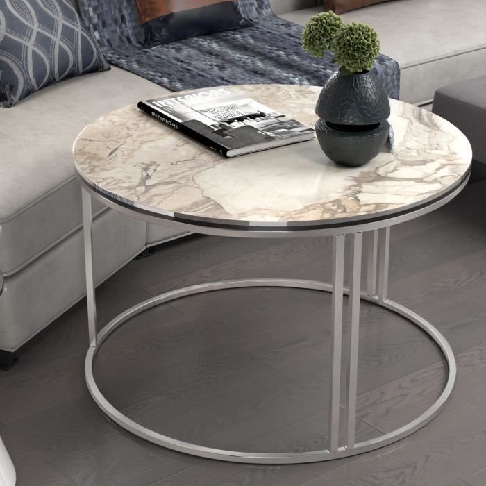 Table basse Aulum ronde 50 x 80 cm marbre blanc argent