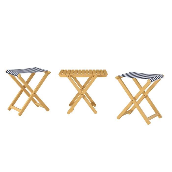 Tabouret de jardin pliable bois hêtre naturel avec tissu bleu et blanc V-10-216N-17 [double avec table]