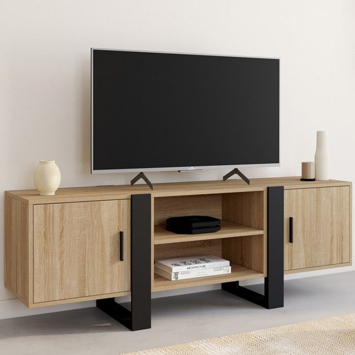 ID MARKET meuble tv PHOENIX 2 portes 140 cm bois clair à poser