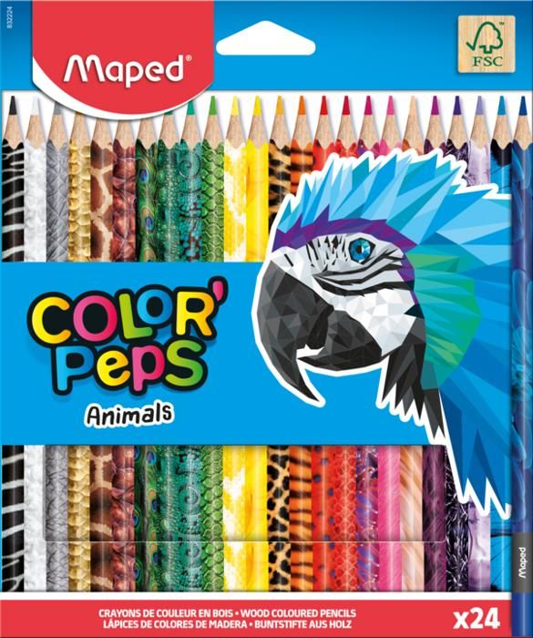 Maped - 24 Crayons de Couleur Color'Peps Animals certifiés FSC - Crayon Triangulaire en Bois aux Couleurs Vives