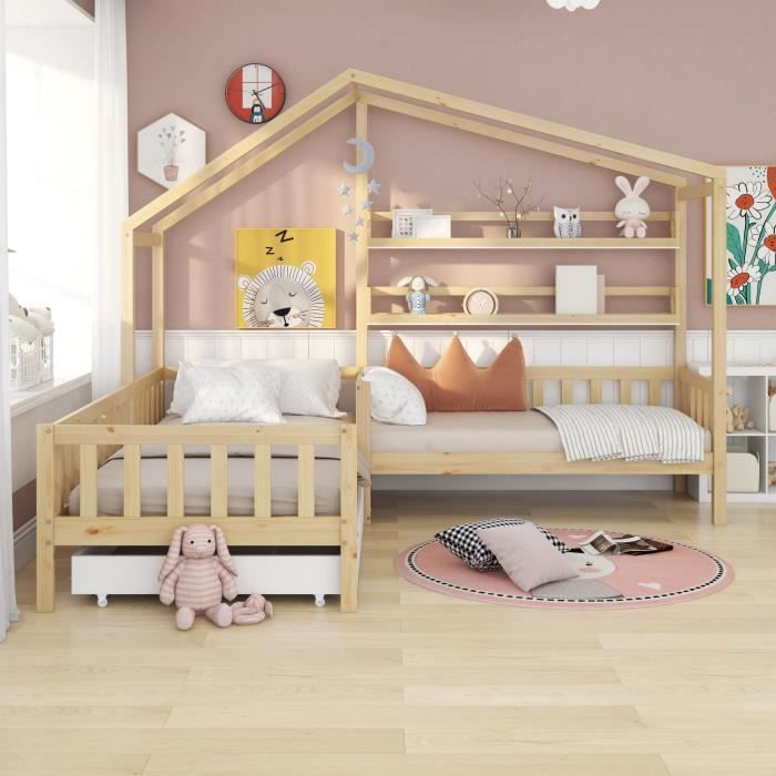 Lit enfant, lit maison 90 x 200 cm, lit en bois pour chambre d